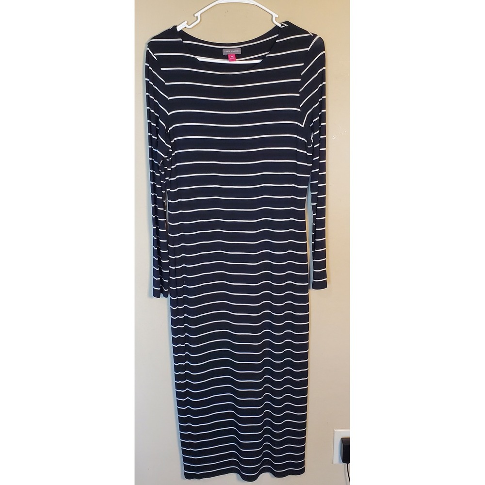 Vince Camuto Black White Striped Long Sleeve Maxi Column Dress Medium